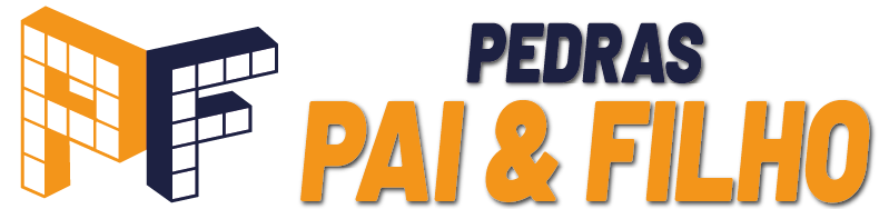 Logo de Pedras Pai e Filho, P amarelo e F azul escuro ao lado da frase Pedras Pai & Filho